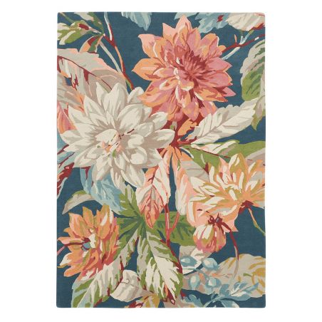 Tapis haut de gamme fleuri en pure laine Bleu Dahlia Rosehip