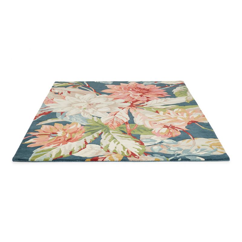 Tapis haut de gamme fleuri en pure laine Bleu Dahlia Rosehip