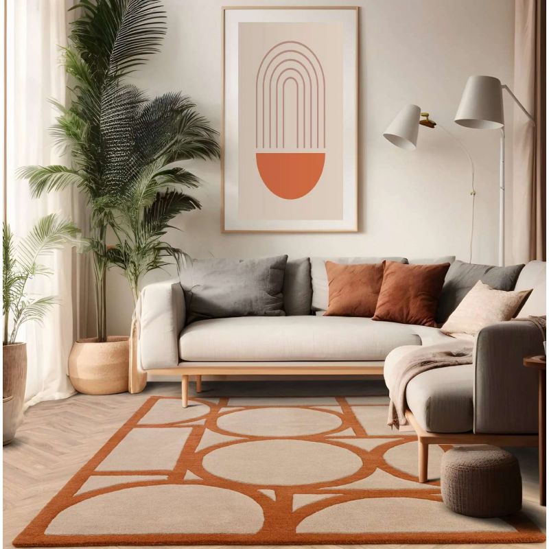 Tapis style art déco en pure laine beige et orange Miramar