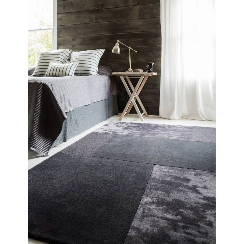 Tapis de salon moderne en laine et viscose tufté main Luxembourg gris anthracite