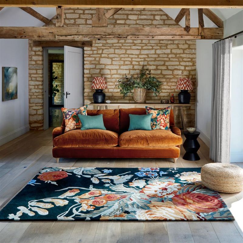 Tapis haut de gamme fleuri en pure laine Stapleton Park Navy Burnt