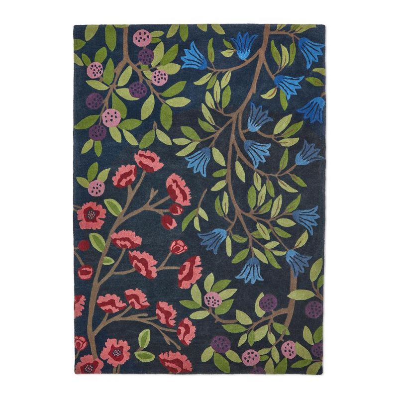 Tapis haut de gamme fleuri en pure laine San Foraging Indigo