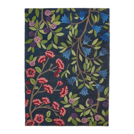 Tapis haut de gamme fleuri en pure laine San Foraging Indigo