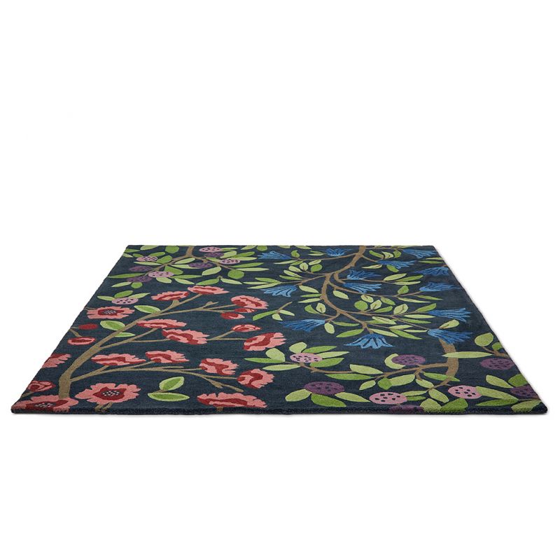 Tapis haut de gamme fleuri en pure laine San Foraging Indigo