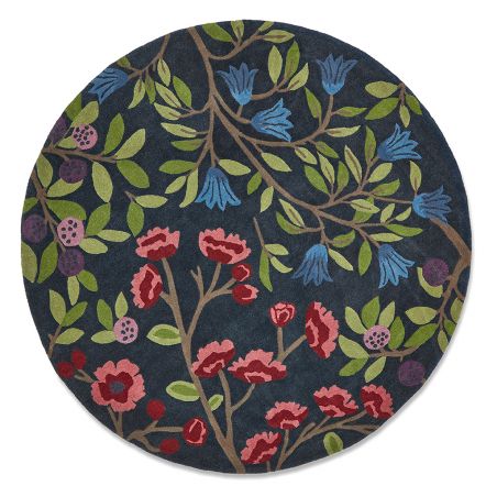 Tapis rond haut de gamme fleuri en pure laine San Foraging Indigo