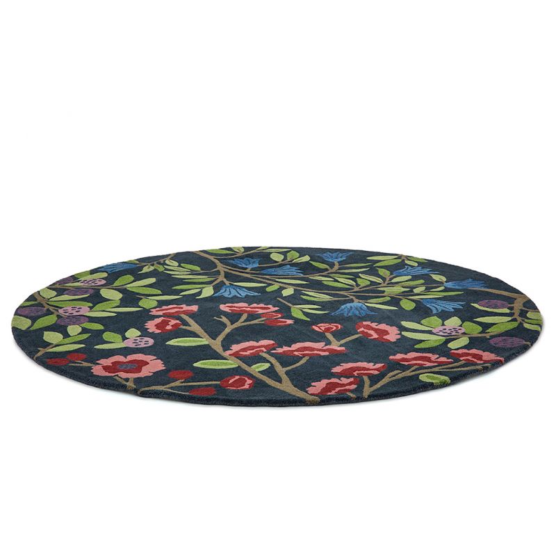 Tapis rond haut de gamme fleuri en pure laine San Foraging Indigo