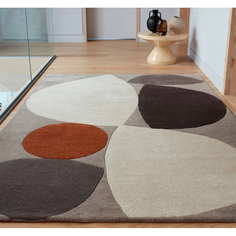 Tapis de salon contemporain pure laine gris écru et terracotta Oleniok