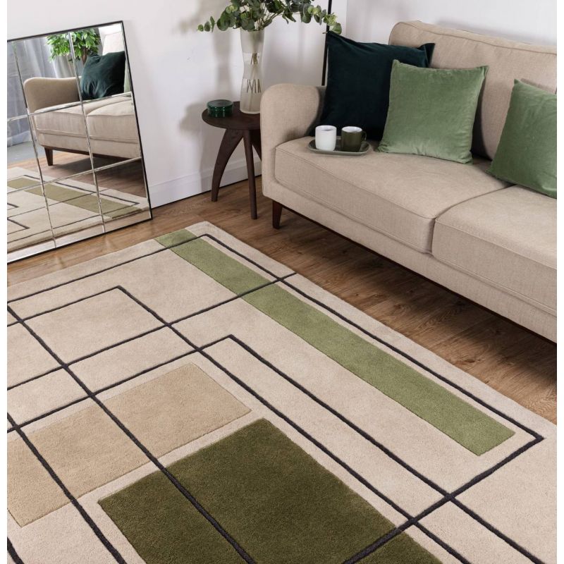 Tapis haut de gamme en laine beige et kaki Contour Oleniok