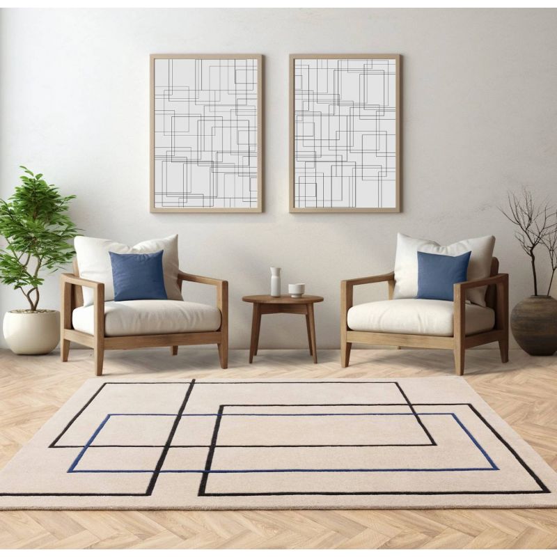 Tapis haut de gamme en laine écru et bleu Contour Oleniok