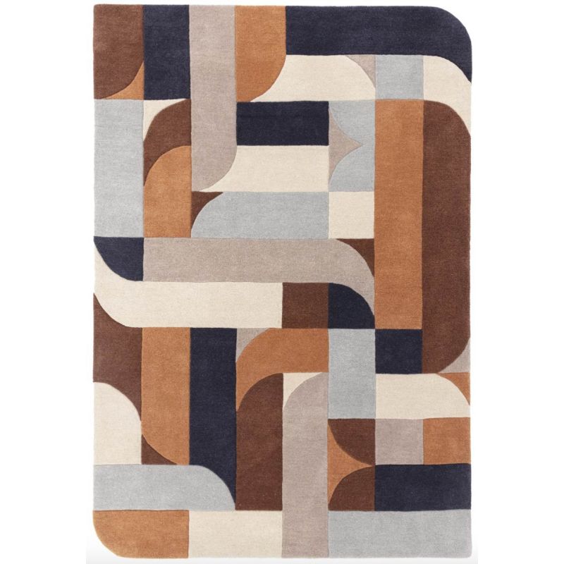 Tapis moderne forme originale pure laine marron, bleu et gris Kansas