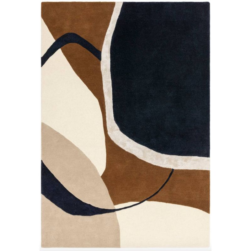 Tapis haut de gamme en laine et viscose marron bleu et blanc Signature Seattle