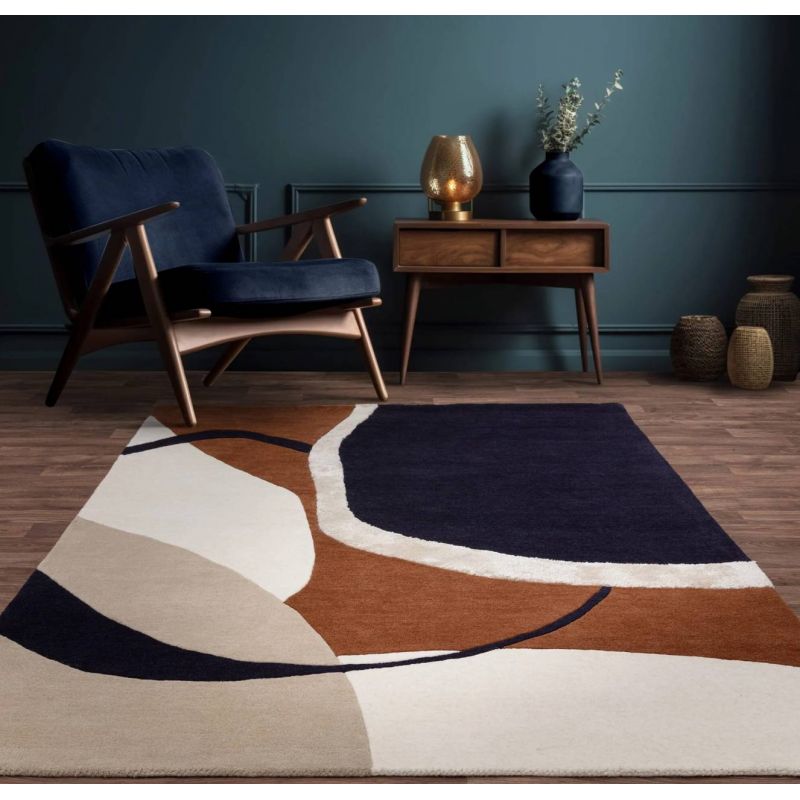Tapis haut de gamme en laine et viscose marron bleu et blanc Signature Seattle