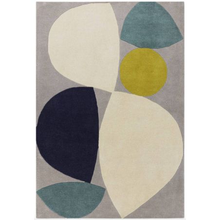 Tapis de salon contemporain pure laine gris écru et bleu canard Oleniok