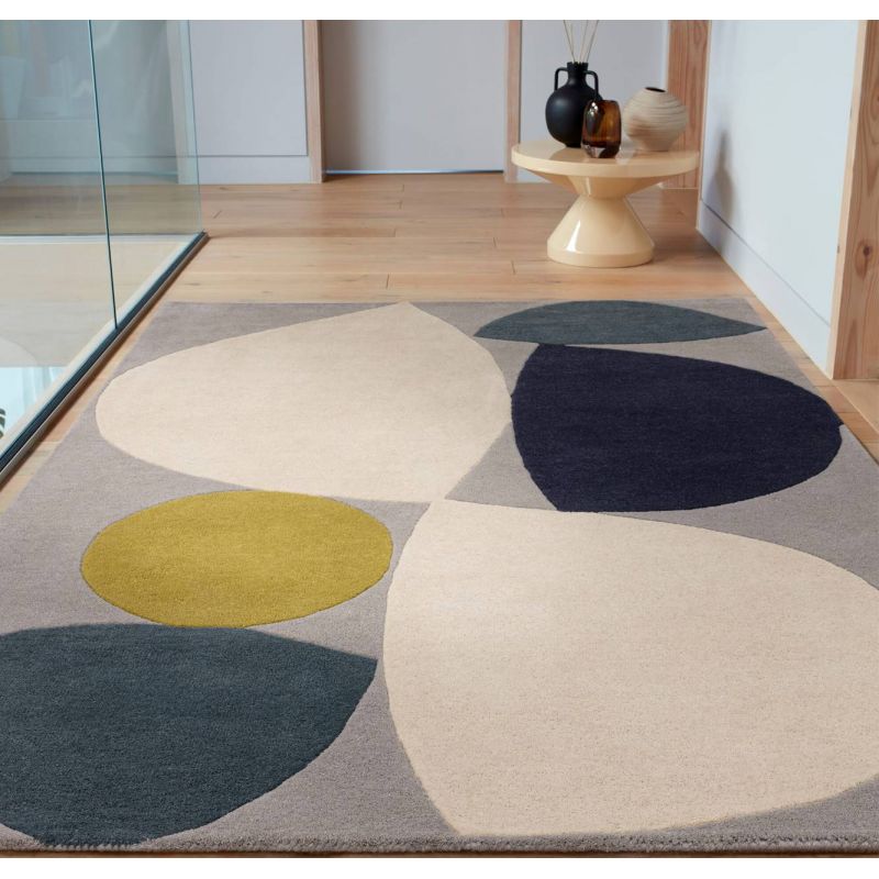 Tapis de salon contemporain pure laine gris écru et bleu canard Oleniok