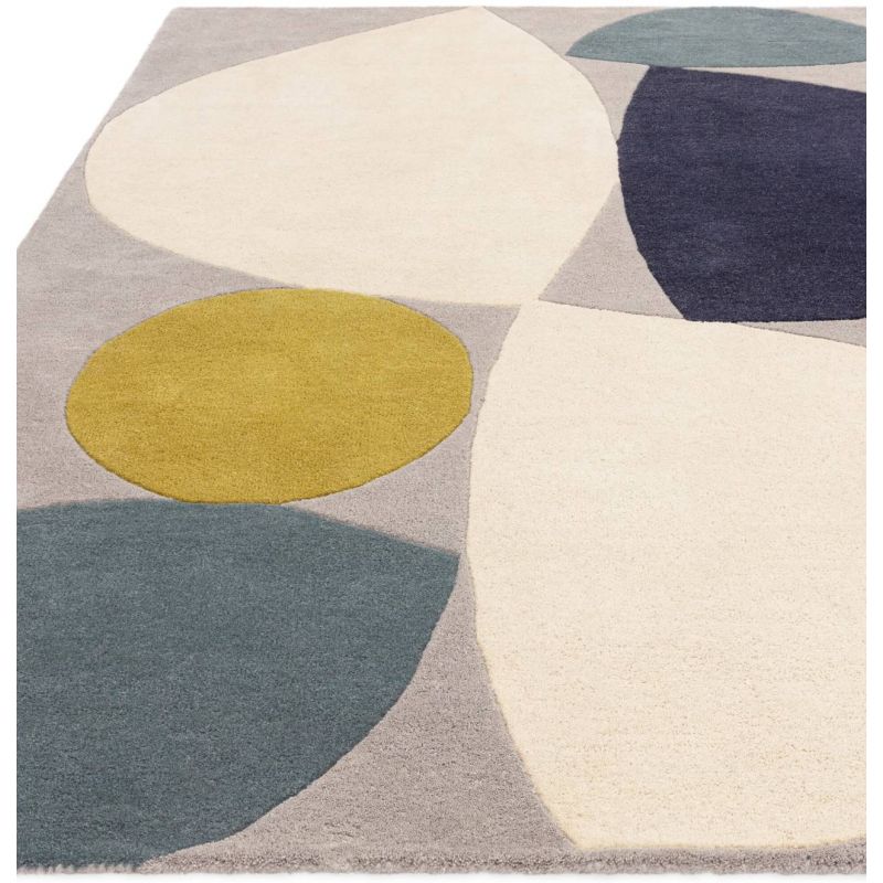 Tapis de salon contemporain pure laine gris écru et bleu canard Oleniok