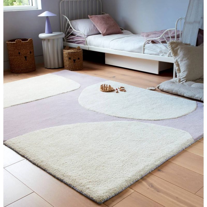 Tapis de salon pure laine écru et mauve Colombia Pebble