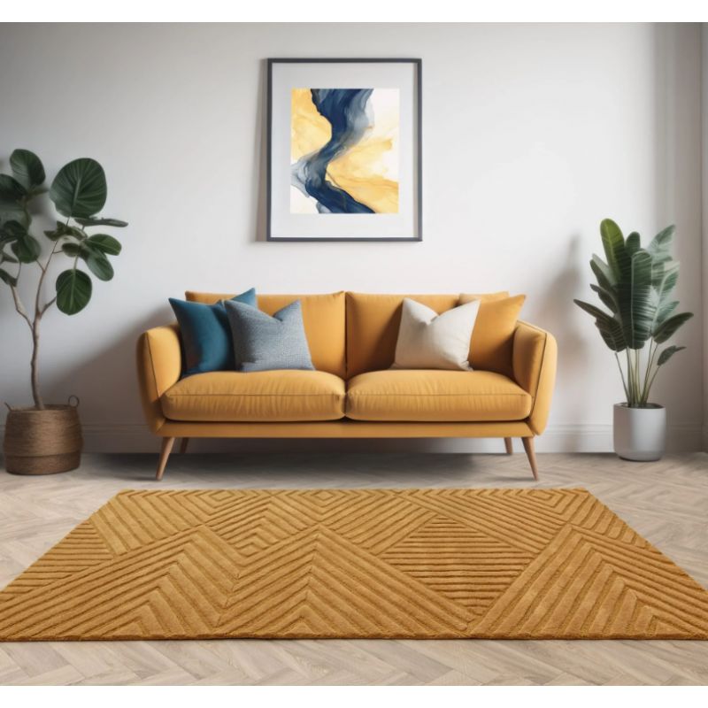 Tapis moderne en relief en laine ocre Halifax salon