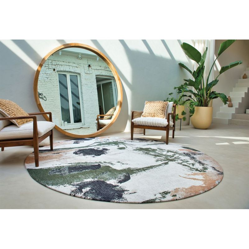 Tapis abstrait vert et rose en PET Fresque Indian Rice rond salon