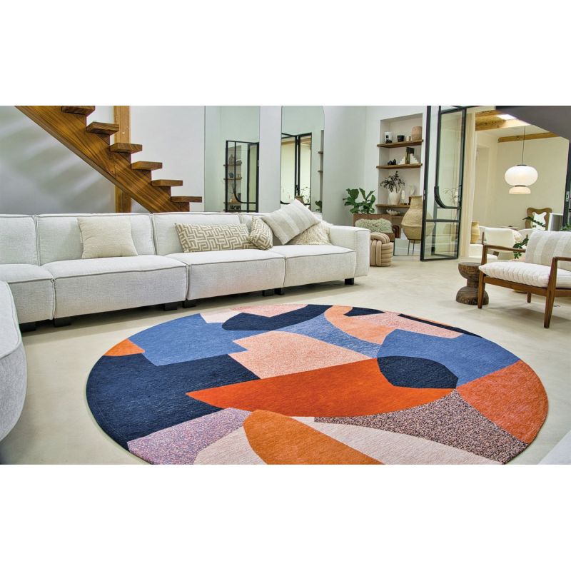 Tapis abstrait bleu et orange en PET Shapes Carpe Diem salon rond