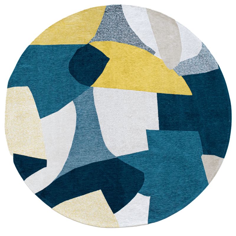 Tapis abstrait bleu et jaune en PET Shapes Duck Song ROND