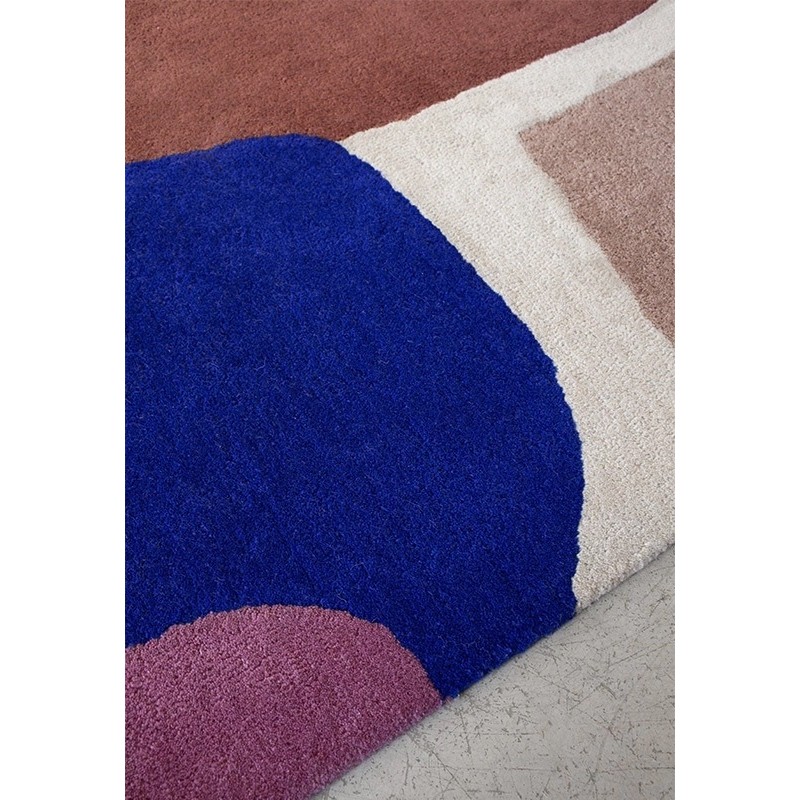 Tapis de salon laine bleu terracotta rose Lake motif
