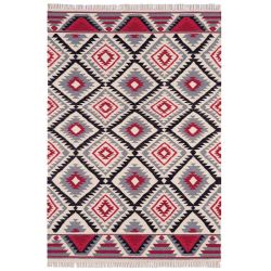 Tapis tissé main laine et coton motifs kilim rouges, gris, noirs Arabic