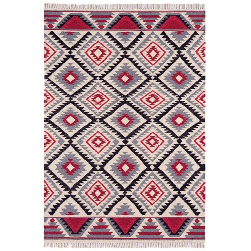 Tapis tissé main laine et coton motifs kilim rouges, gris, noirs Arabic