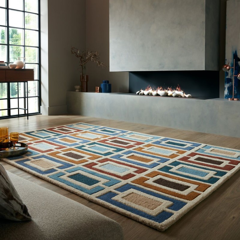 Tapis moderne bleu Retro Blocks