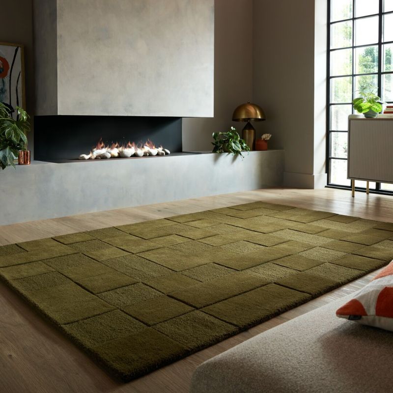 Tapis de salon en laine vert Checkerboard