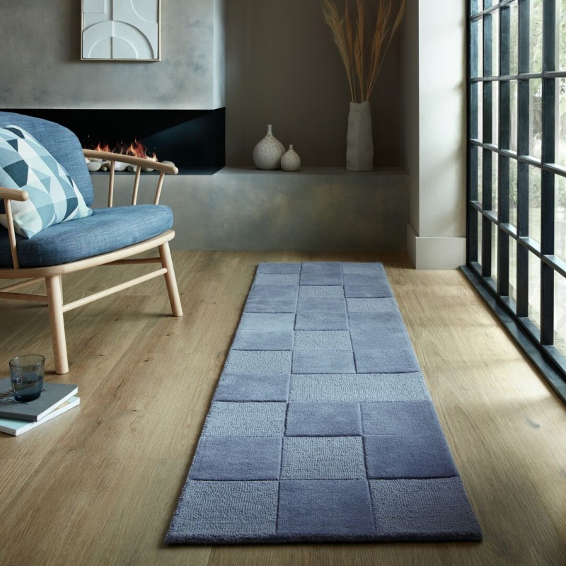 Tapis en laine bleu Checkerboard couloir ambiance