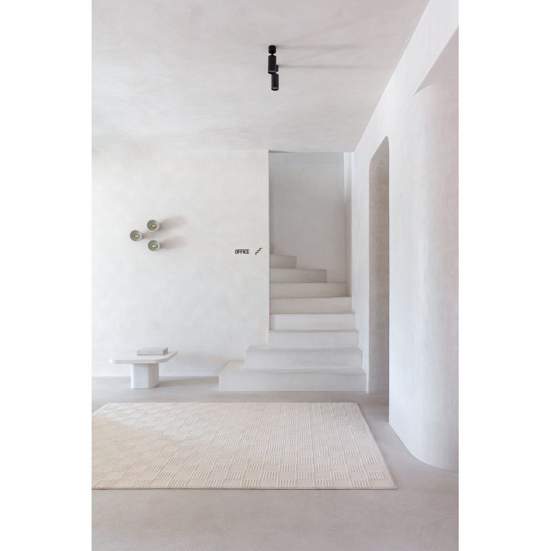 Tapis de salon moderne tissé main en laine et PET Check Ecru Salon