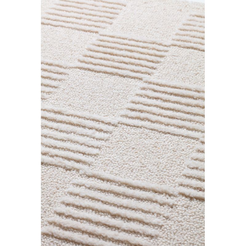 Tapis de salon moderne tissé main en laine et PET Check Ecru Détails