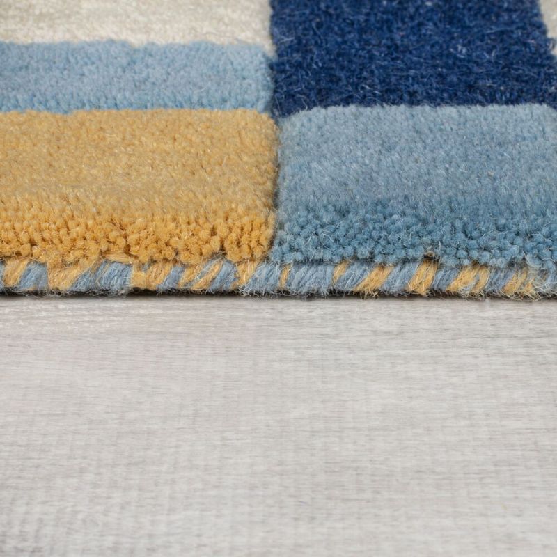 Tapis de salon laine bleu et jaune Kai Wool Border