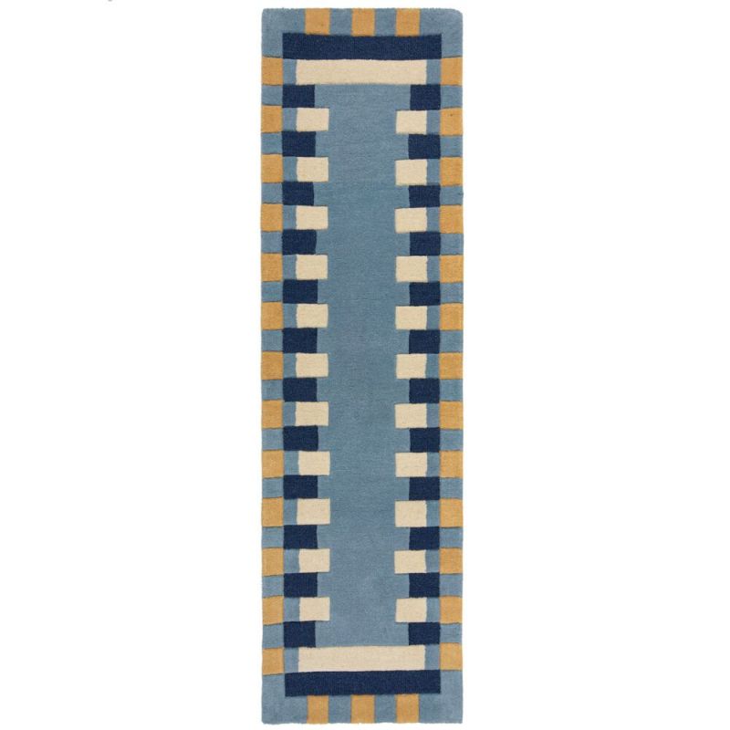 Tapis de salon laine bleu et jaune Kai Wool Border runner