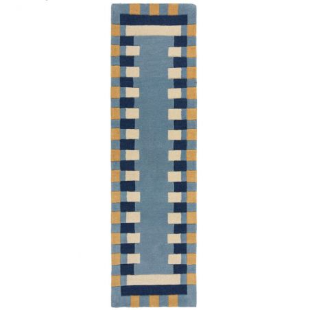 Tapis de salon laine bleu et jaune Kai Wool Border runner