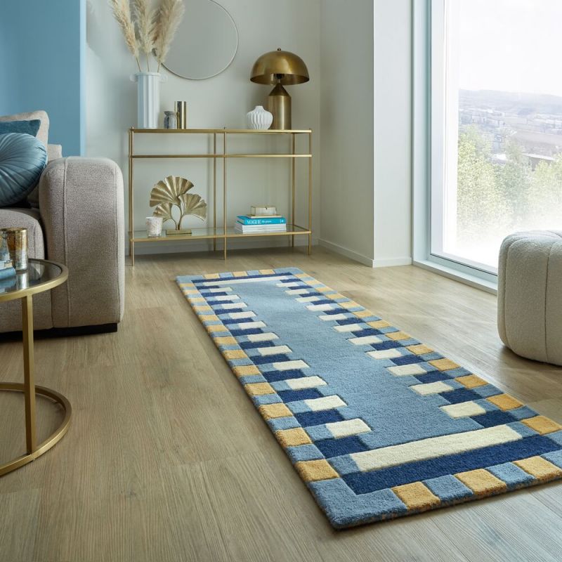 Tapis de salon laine bleu et jaune Kai Wool Border runner