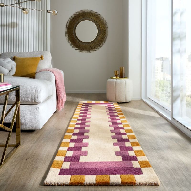 Tapis de salon laine rose et jaune Kai Wool Border runner