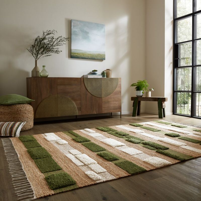 Tapis en jute à reliefs beige et vert Medina