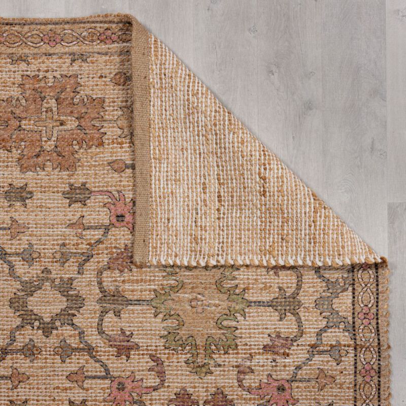 Tapis en jute motif floral rose Celine angle