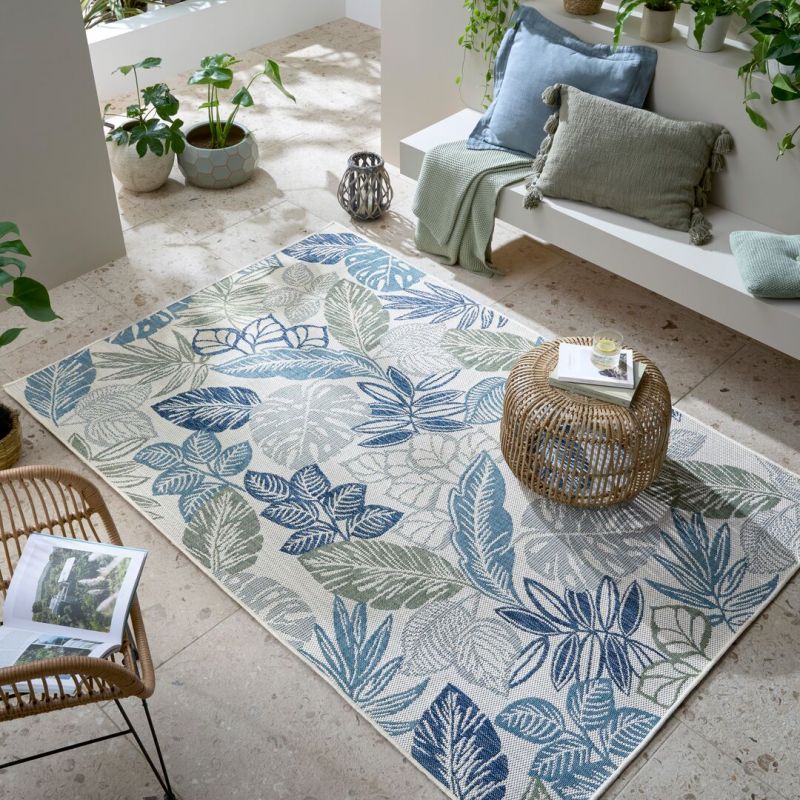 Tapis exterieur motifs floral bleu Bella ambiance