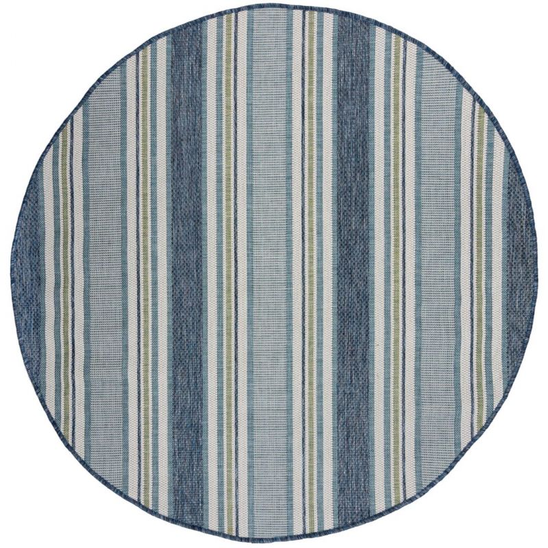 Tapis exterieur motifs rayures bleues    rond