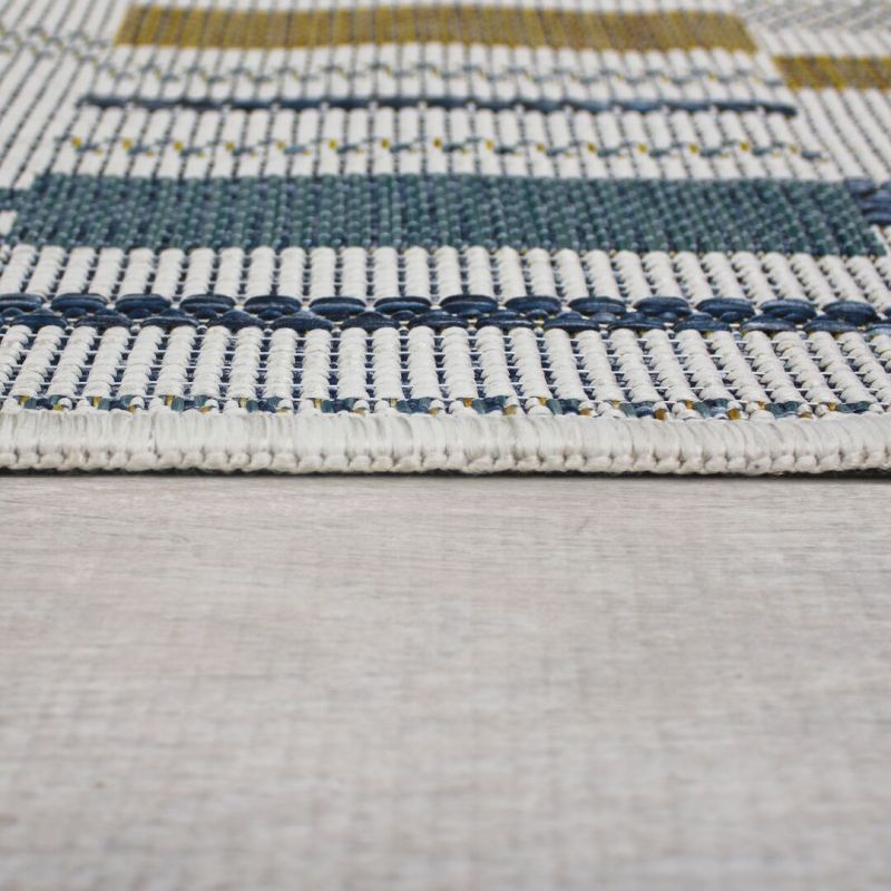 Tapis exterieur géométrique bleu et jaune Rosco epaisseur