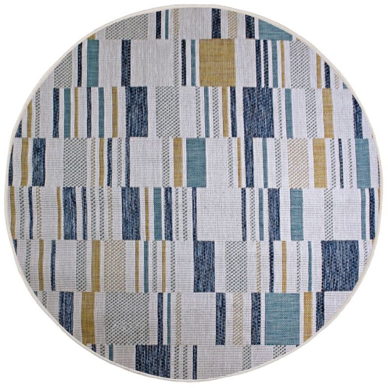 Tapis exterieur géométrique bleu et jaune Rosco rond