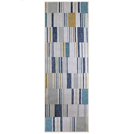 Tapis exterieur géométrique bleu et jaune Rosco couloir