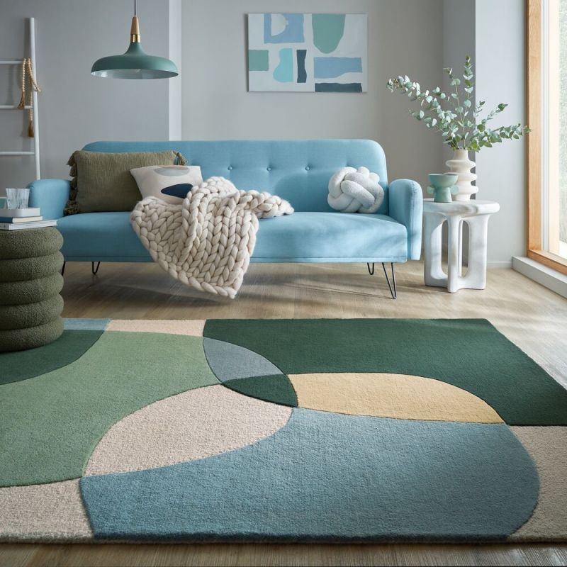 Tapis de salon pure laine vert et bleu Glow ambiance