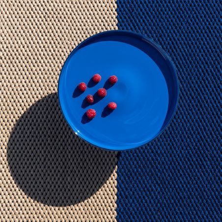 Tapis exterieur interieur en PET recyclé bleu Dhurrie framboise Tapis exterieur interieur en PET recyclé bleu Dhurrie framboise
