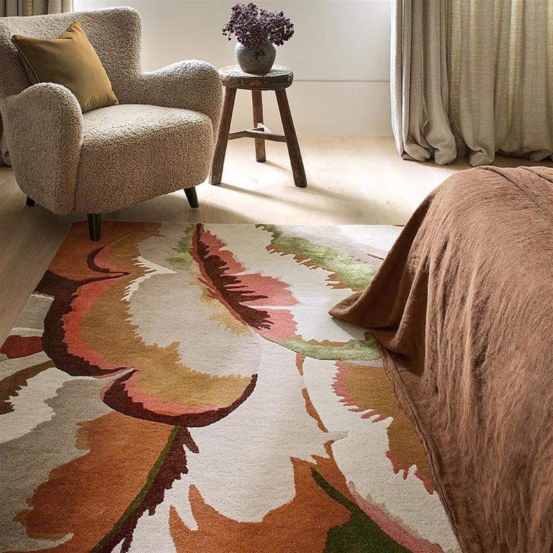 Tapis haut de gamme en laine et viscose Calathea terracotta Harlequin detail matiere