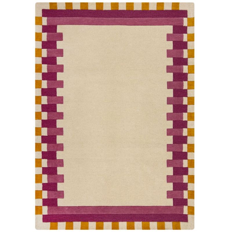 Tapis de salon laine rose et jaune Kai Wool Border