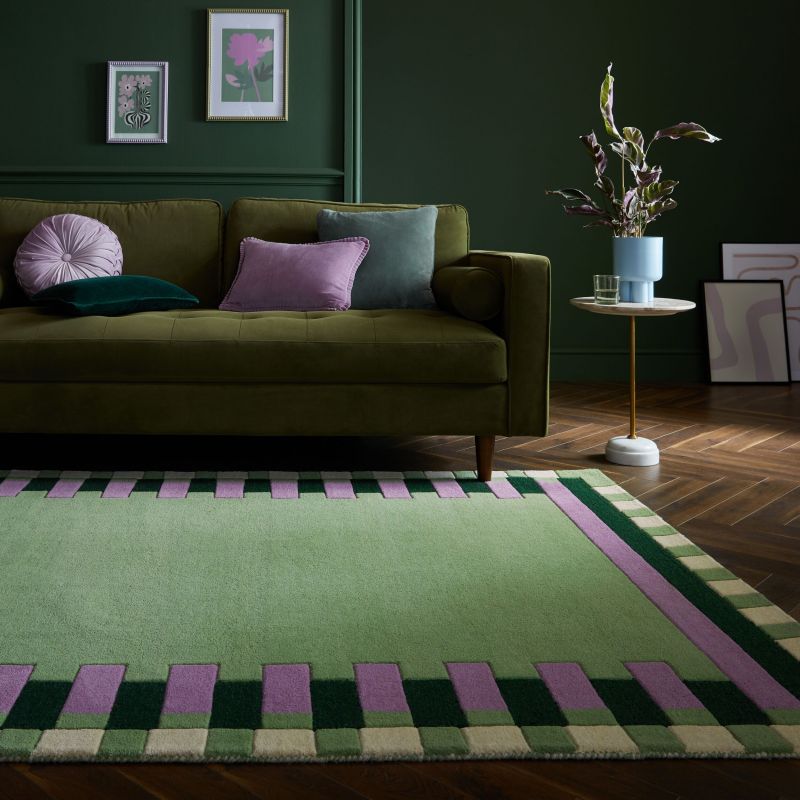 Tapis de salon laine vert et violet Kai Wool Border