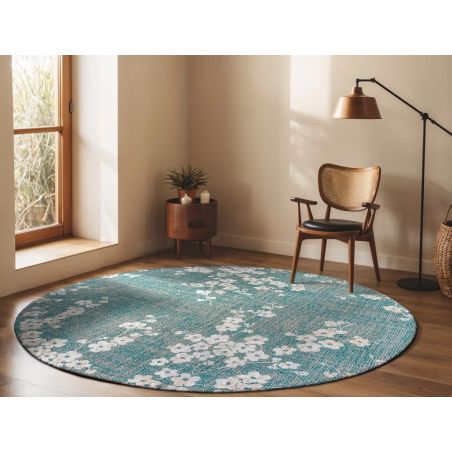 Tapis rond classique en PET Sakura Lake Blue ambiance Tapis rond classique en PET Sakura Lake Blue ambiance